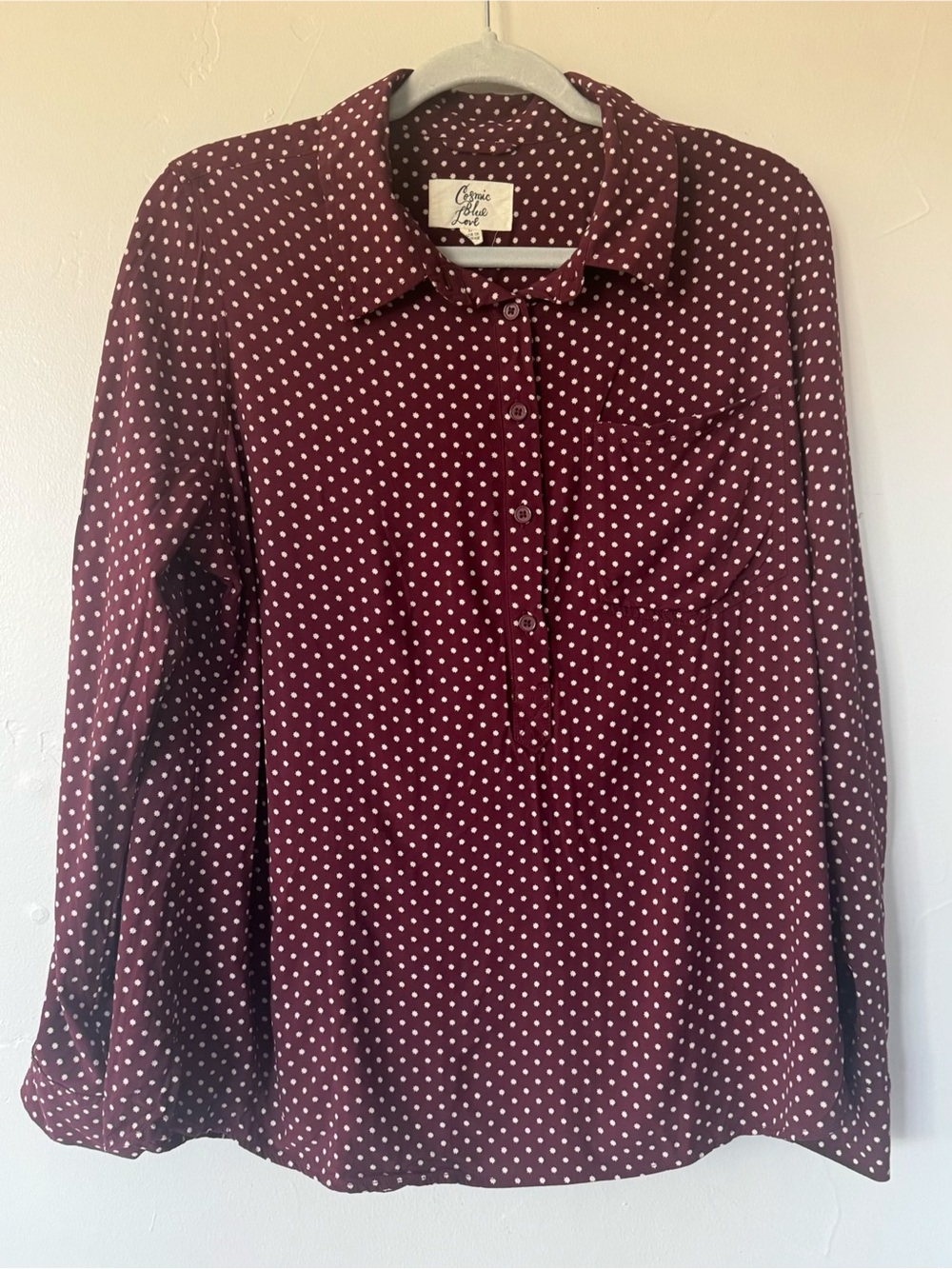 Cosmic Blue Love Pullover Blouse Polka Dot Star Size Large Burgundy Maroon
